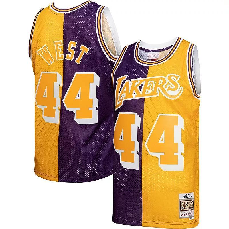 Mens Mitchell & Ness Jerry West /Gold Los Angeles Lakers Hardwood Classics 1971-72 Split Swingman Jersey Product Image