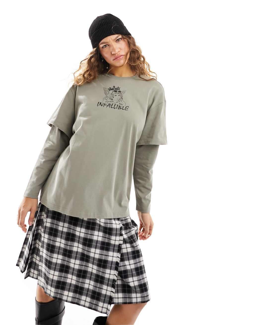 Urban Revivo oversized t-shirt with long sleeve underlayer and angel graphic  Product Image