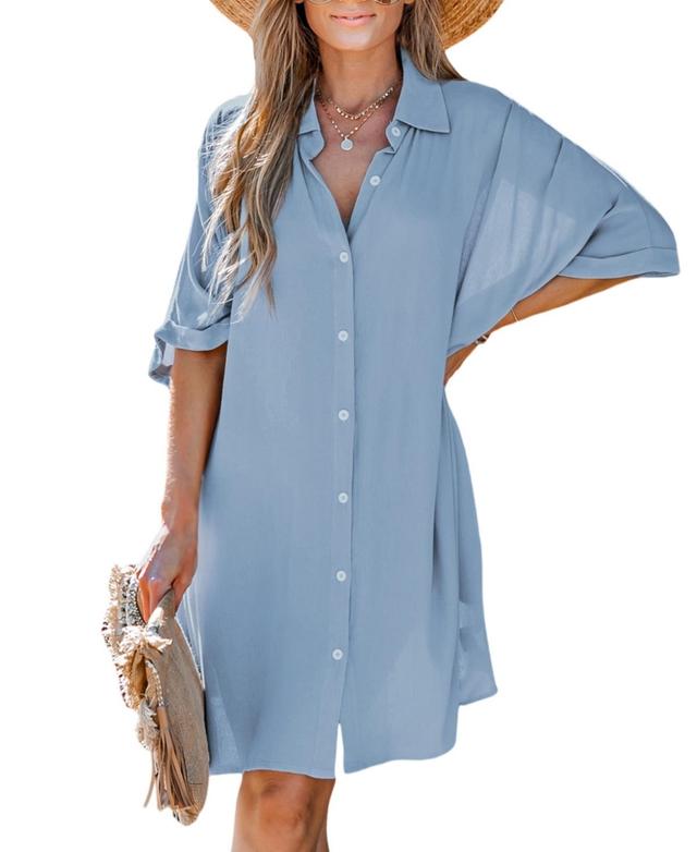 Womens Flowy Button-Up T-Shirt Midi Beach Dress - Light Product Image