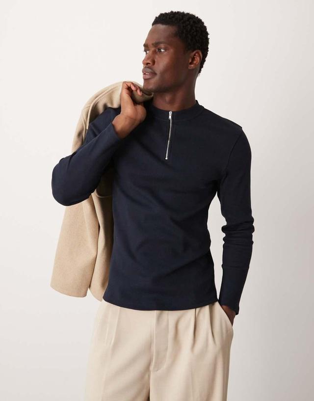 ASOS DESIGN muscle fit long sleeve t-shirt with half zip in navy Product Image