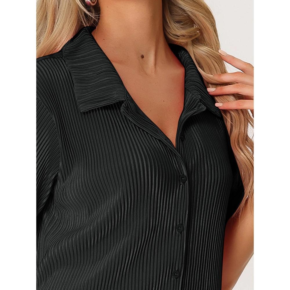 cheibear Women's Pleated Short Sleeve Button Down Outfits Set Casual Loungewear Black X-Large Product Image