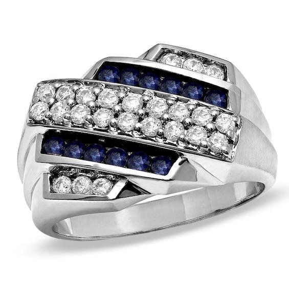 Men's Blue Sapphire and 5/8 CT. T.w. Diamond Slant Ring in 14K White Gold Product Image