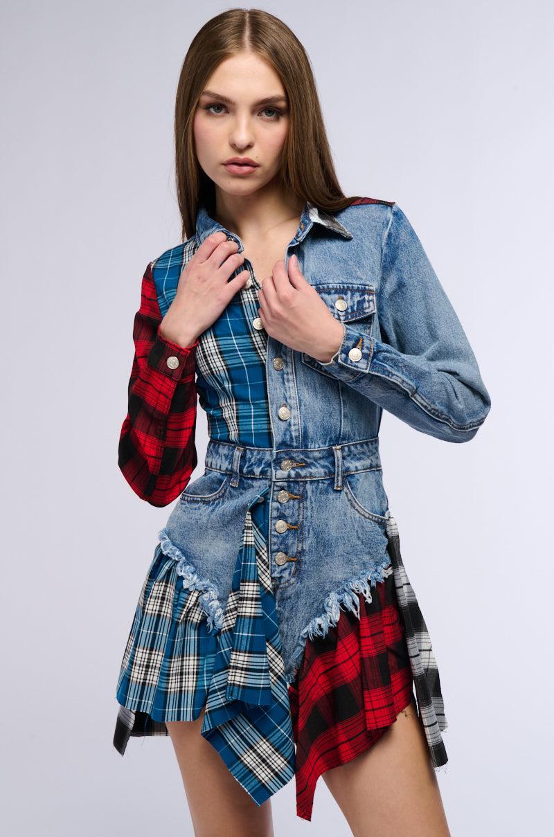 PATCHWORK PLAID DENIM MINI DRESS Product Image