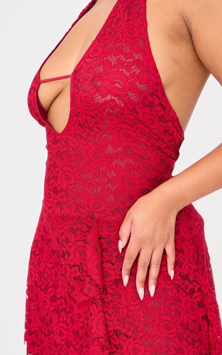 Plus Wine Halterneck Lace Drape Detail Mini Dress Product Image