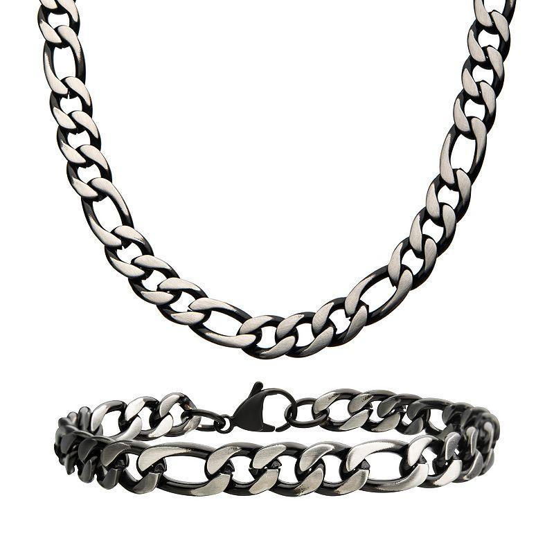 Mens Stainless Steel Figaro Chain Necklace & Bracelet Set, Silver Tone Product Image