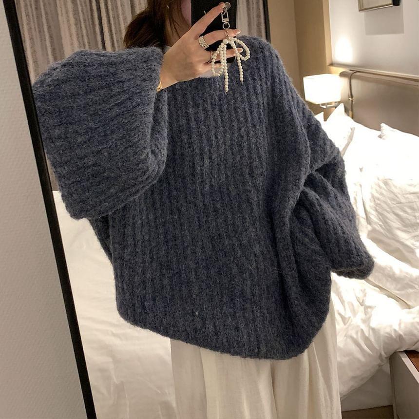 Puff-Sleeve Round Neck Plain Ribbed Sweater Product Image