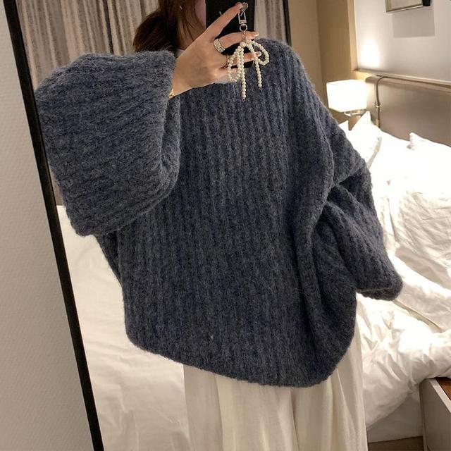 Puff-Sleeve Round Neck Plain Ribbed Sweater Product Image