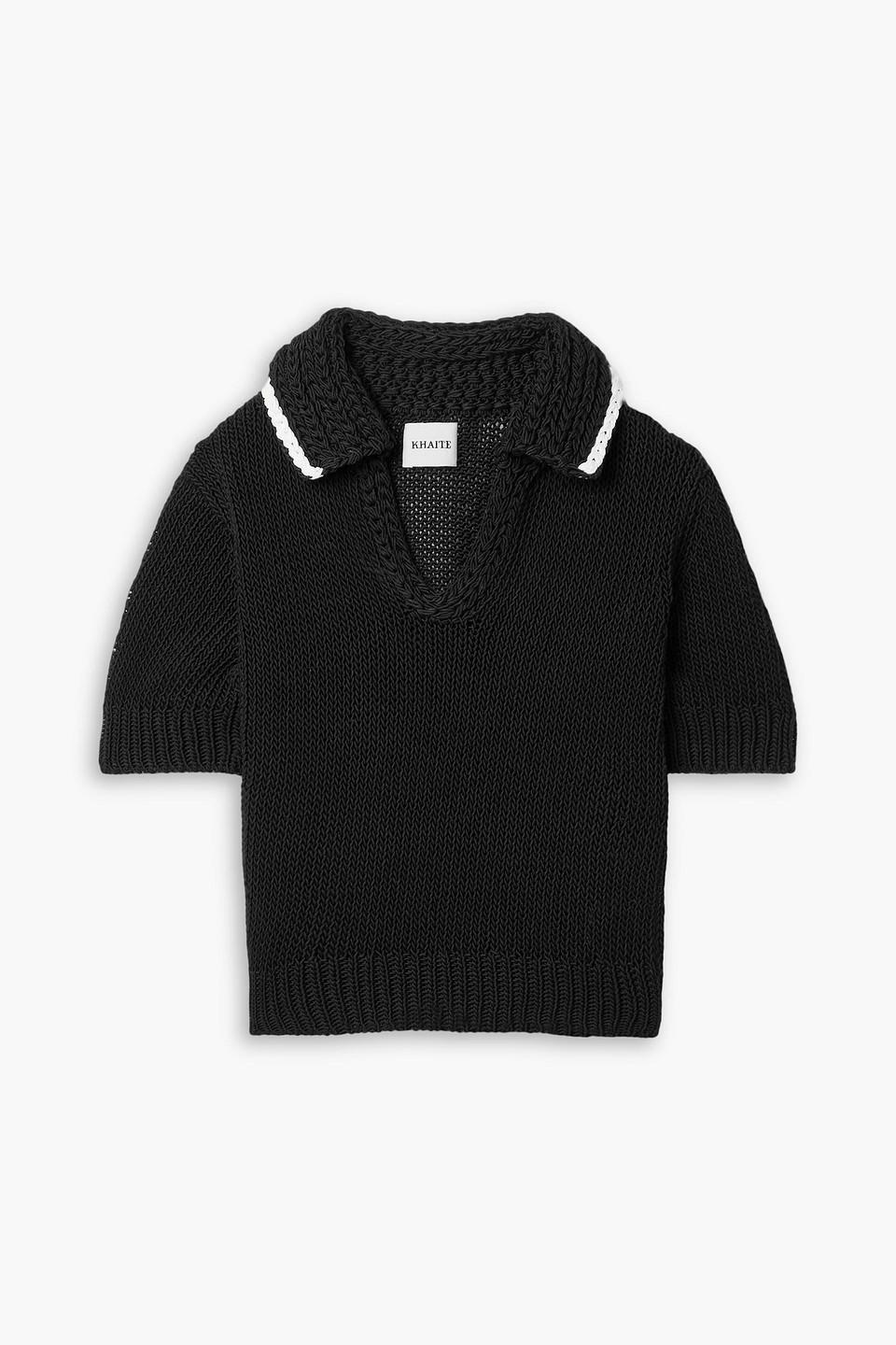 KHAITE Lyle Cropped Cotton-blend Polo Sweater In Black Product Image