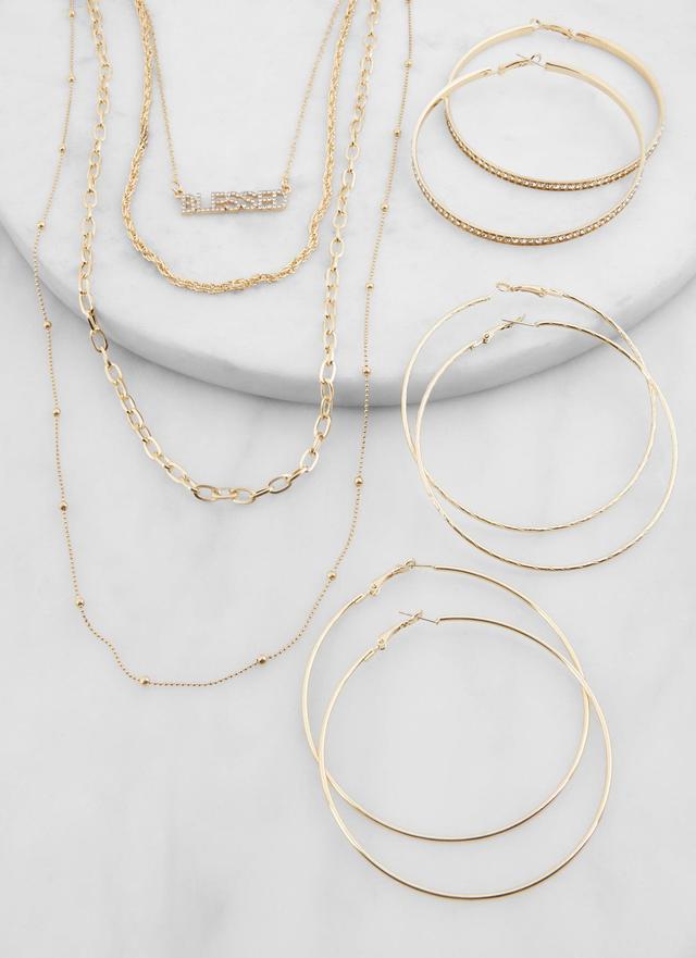 Womens Blessed Layered Necklace and Hoop Earring Trio Product Image