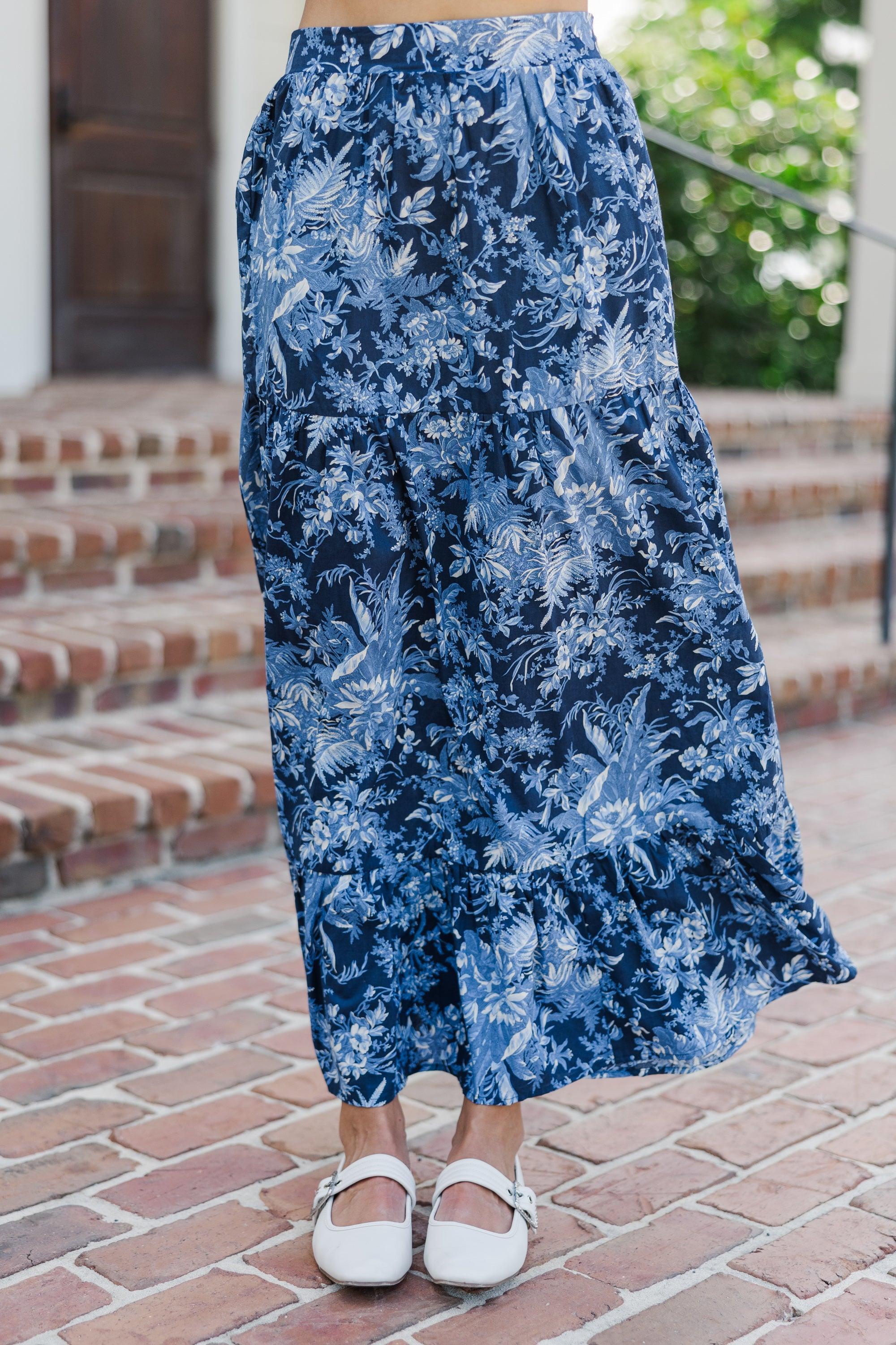 How I Feel Navy Blue Floral Maxi Skirt Female Product Image