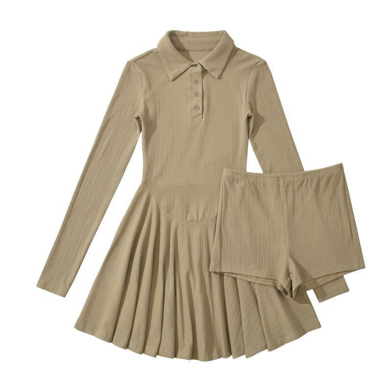 Long-Sleeve Polo Collar Plain Mini A-Line Dress Product Image