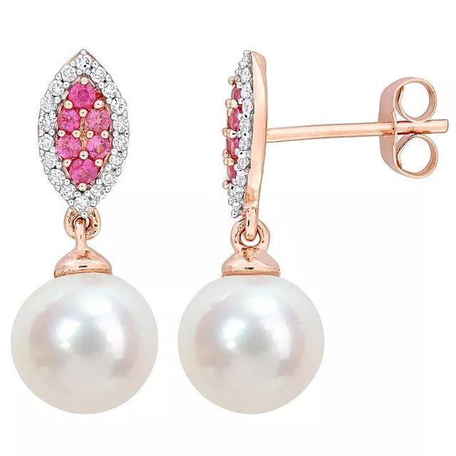 Stella Grace 14k Rose Gold Freshwater Cultured Pearl, Pink Sapphire & 1/7 Carat T.W. Diamond Halo Drop Earrings, Womens Product Image