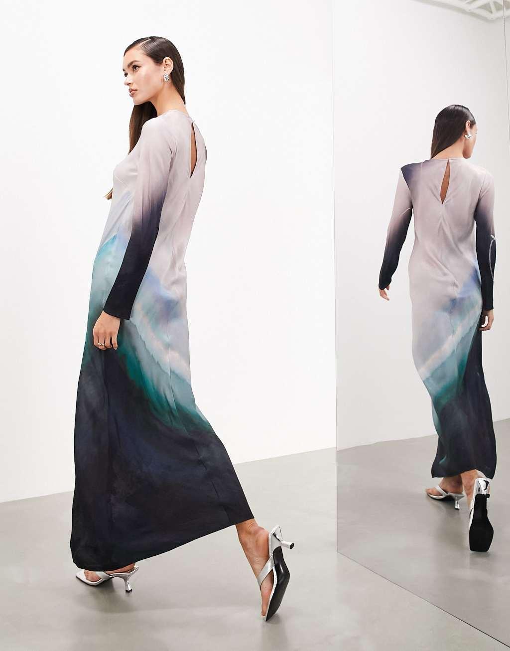 ASOS EDITION long sleeve bias cut maxi dress in placement ombre print Product Image