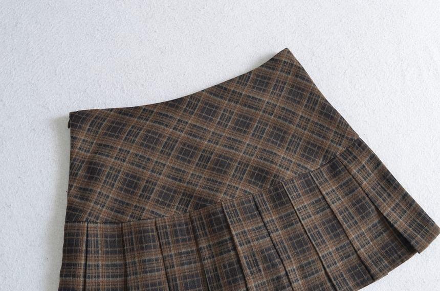 High Waist Plaid Mini Pleated A-Line Skirt Product Image