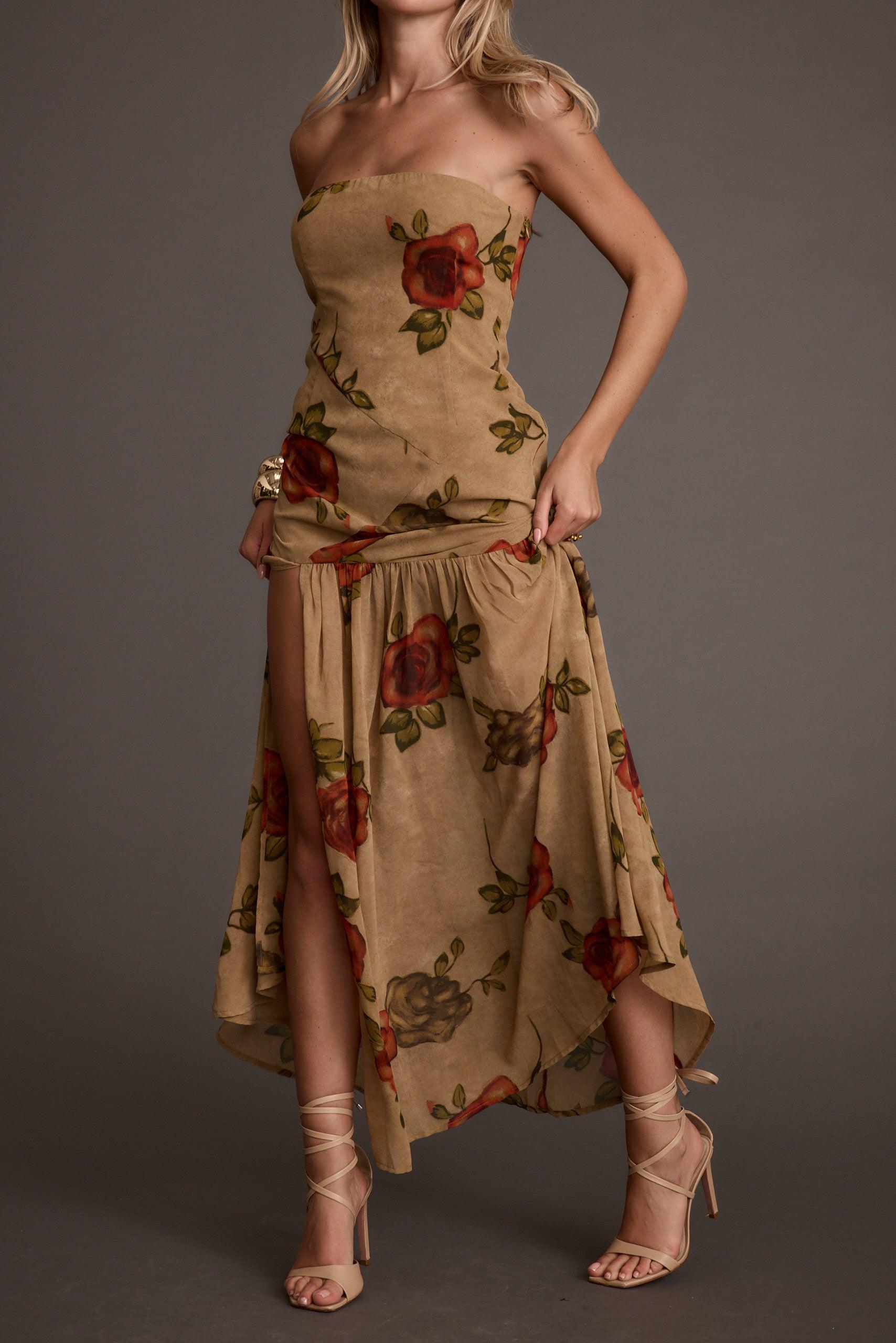 LaBelle Tan Floral Drop Waist Maxi Dress Product Image