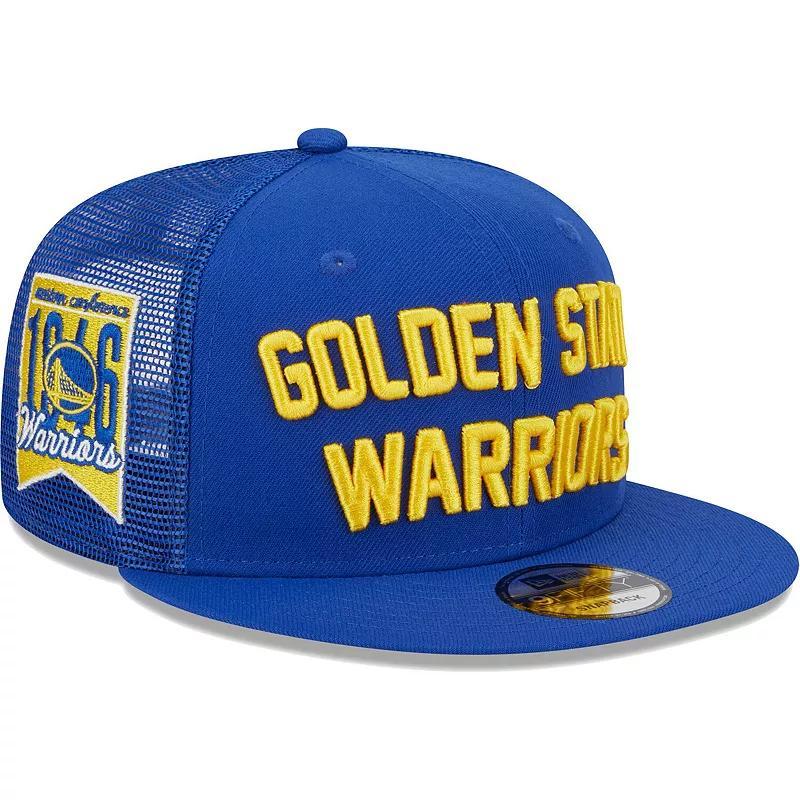 Mens New Era Royal Golden State Warriors Stacked Script 9FIFTY Trucker Snapback Hat Product Image