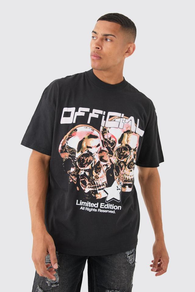 Mens Black Oversized Official Extended Neck Skull Graphic T-shirt, Black Product Image