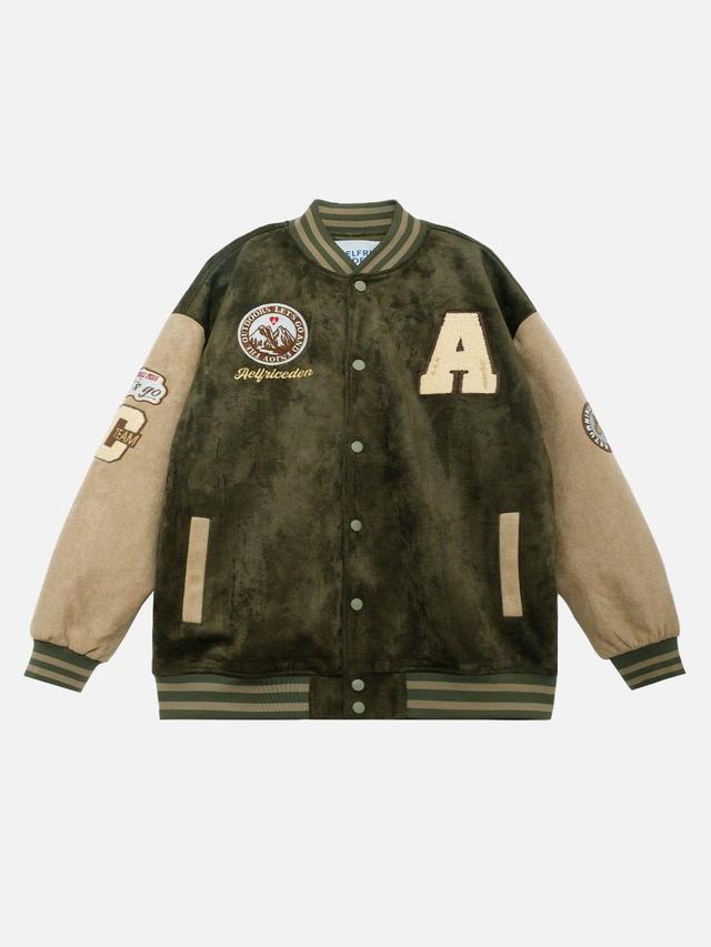 Aelfric Eden Color Block Embroidery Suede Varsity Jacket Product Image