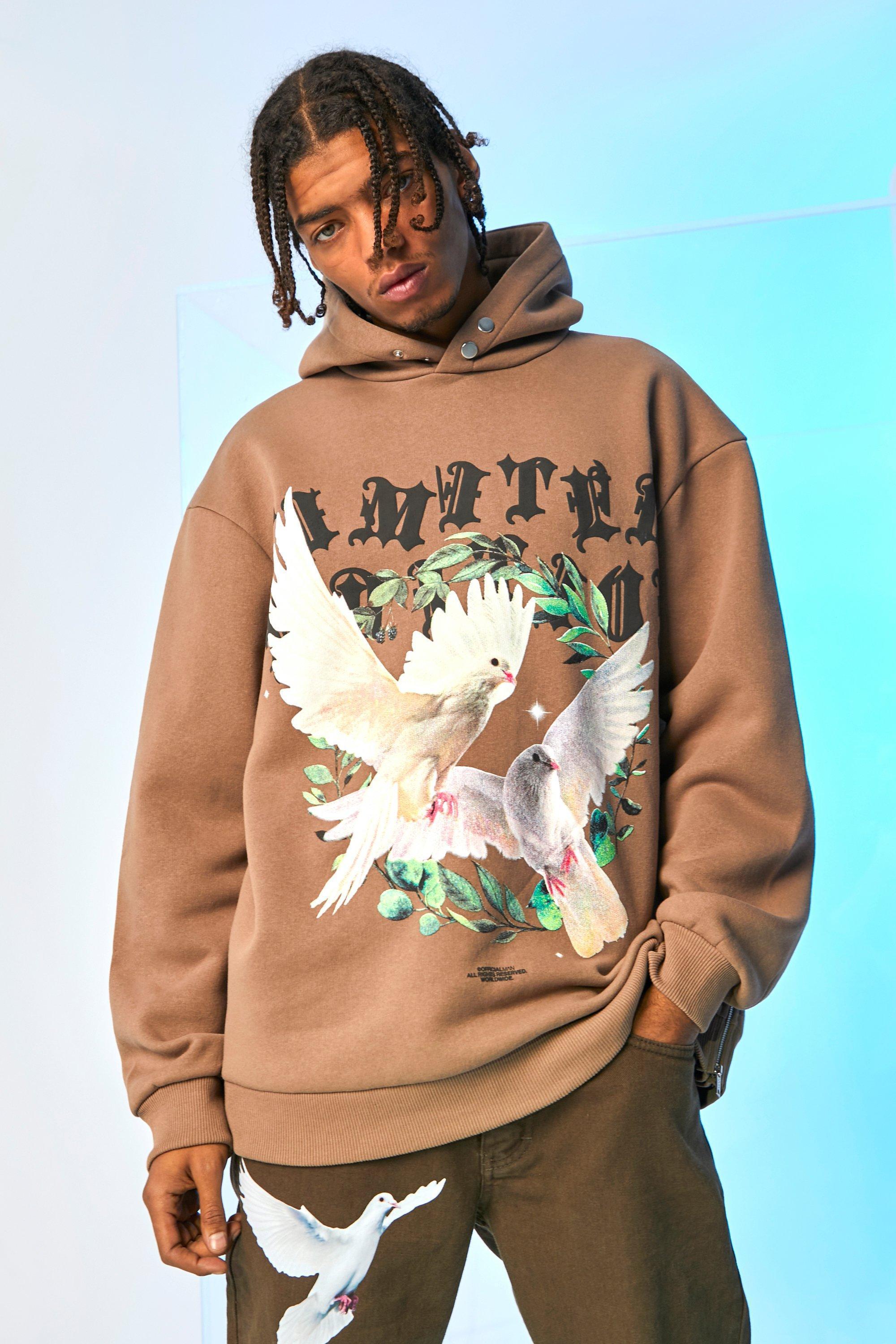 Oversized Dove Graphic Zip Hem Hoodie | boohooMAN USA Product Image