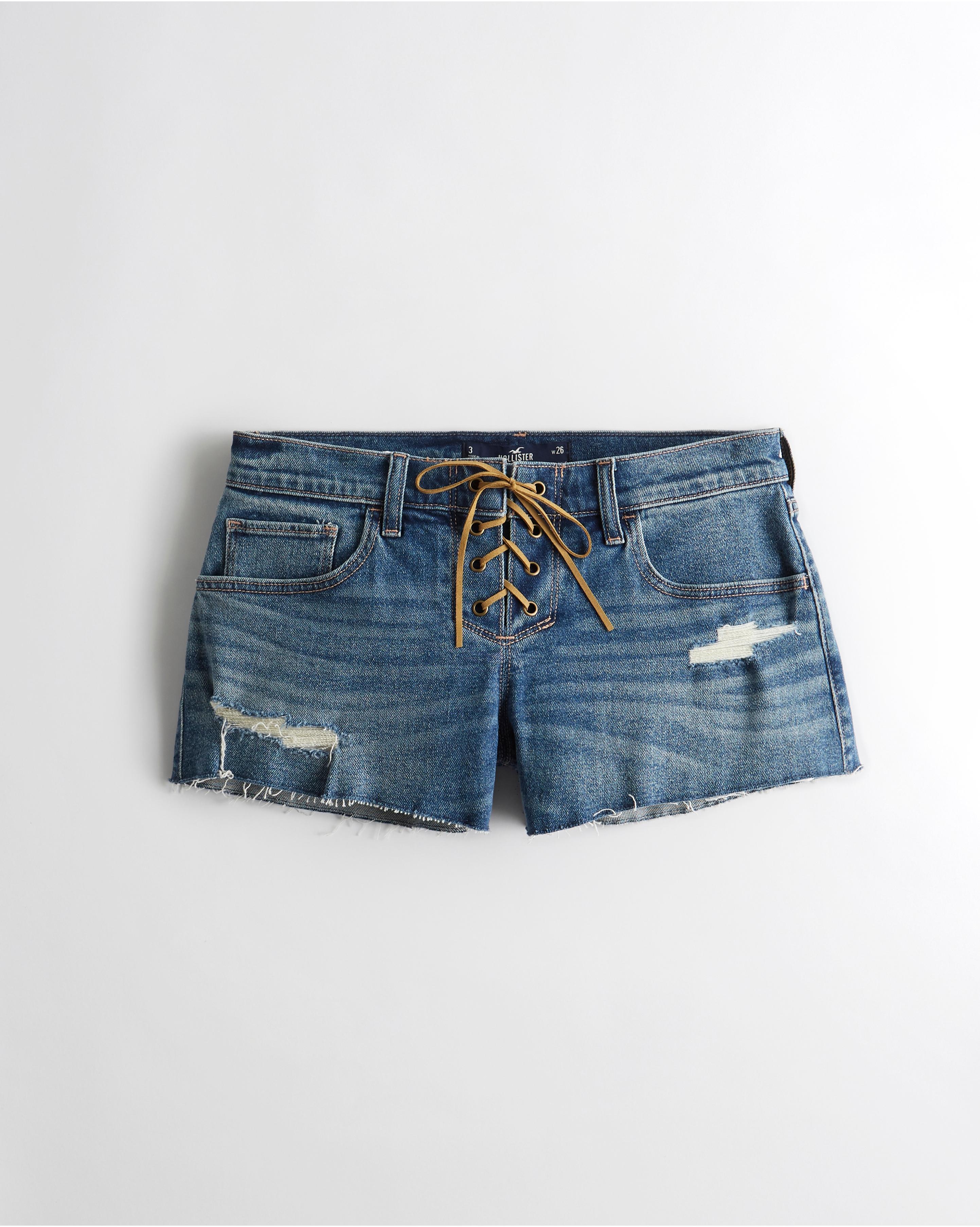 Low-Rise Y2K Ripped Dark Wash Lace-Up Vintage Baggy Short Product Image