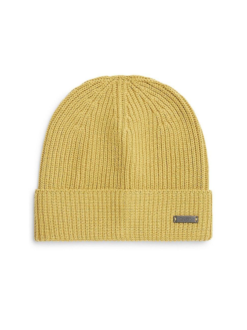 Mens Beanie hat in virgin wool with faux-leather logo Product Image