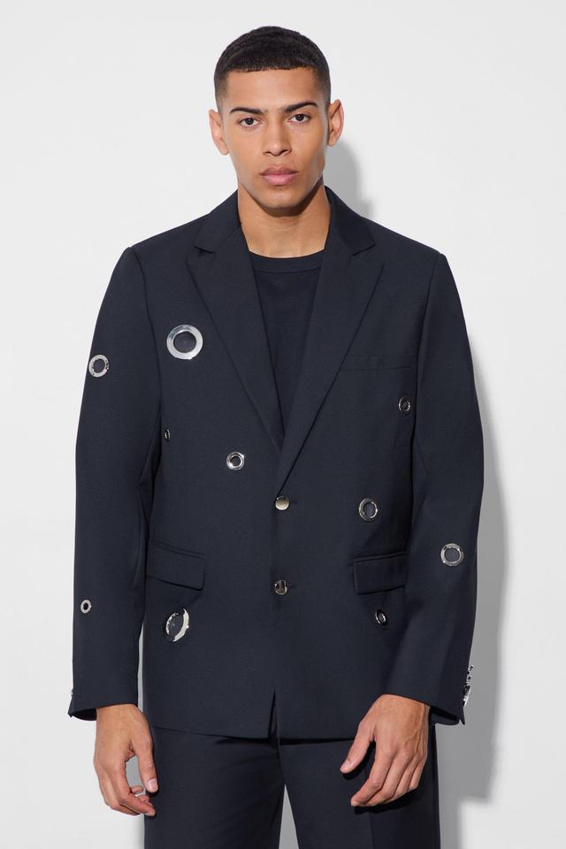 Mens Black Eyelet Cut Out Oversized Blazer, Black Product Image