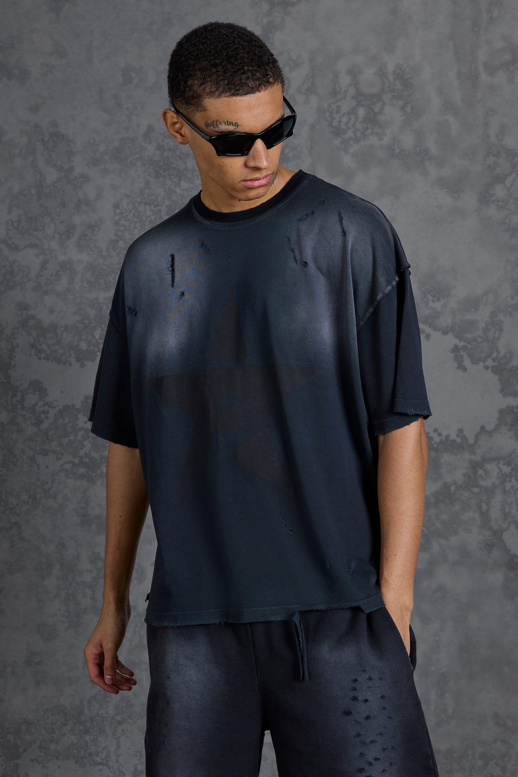 P-Star Oversized Boxy Washed T-Shirt with Star Print | boohooMAN USA Product Image