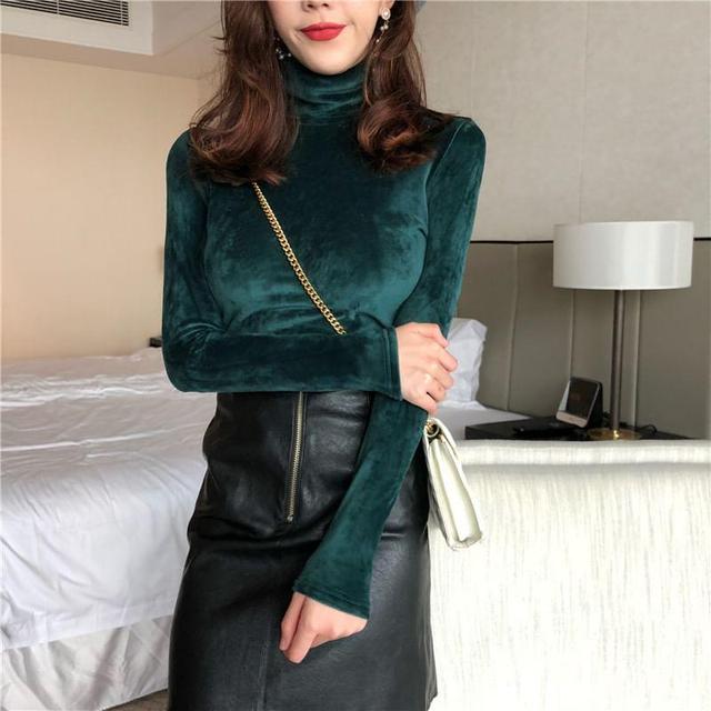 Long-Sleeve High Neck Velvet Top Product Image