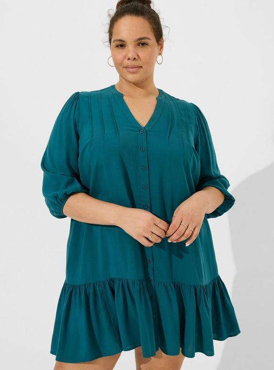 Mini Rayon Slub 3/4 Sleeve Trapeze Pleat Dress Product Image