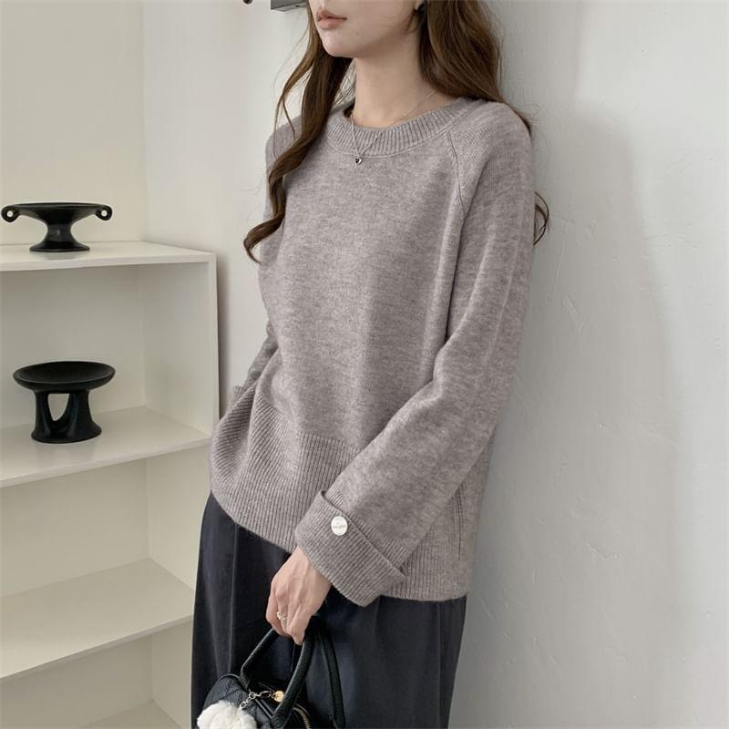 Long-Sleeve Crewneck Plain Knit Top Product Image