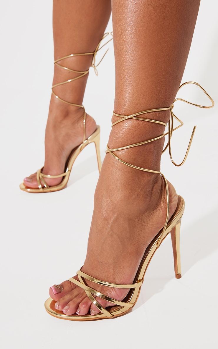 Gold Metallic Wide Fit Round Toe Lace Up High Heeled Sandals product image