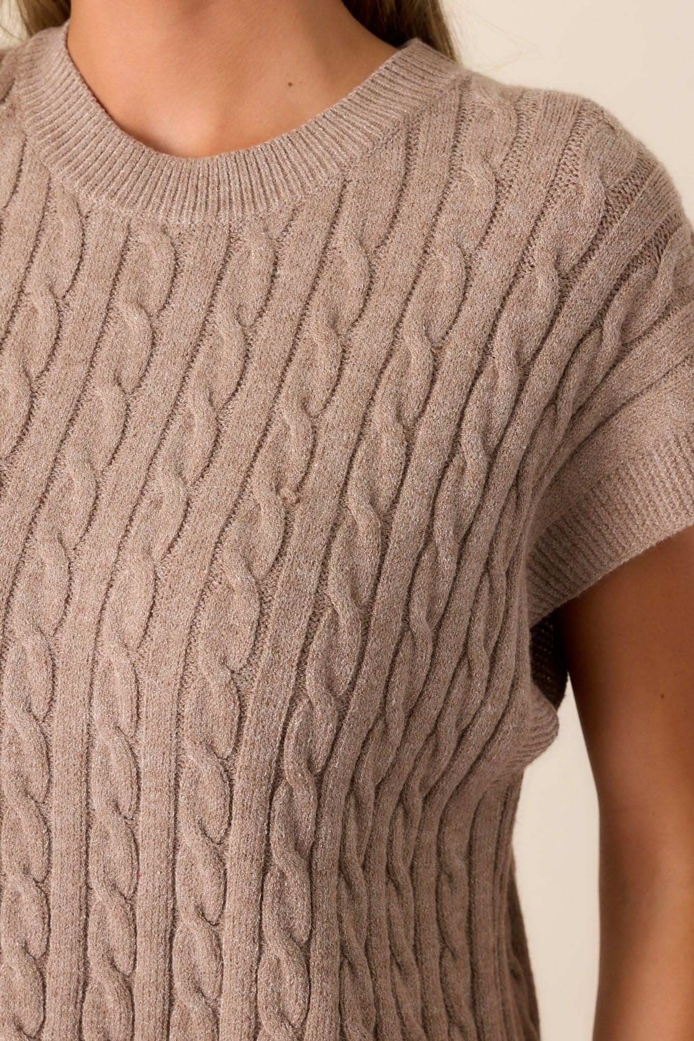 Talking To You Taupe Cable-Knit Cap Sleeve Sweater Product Image