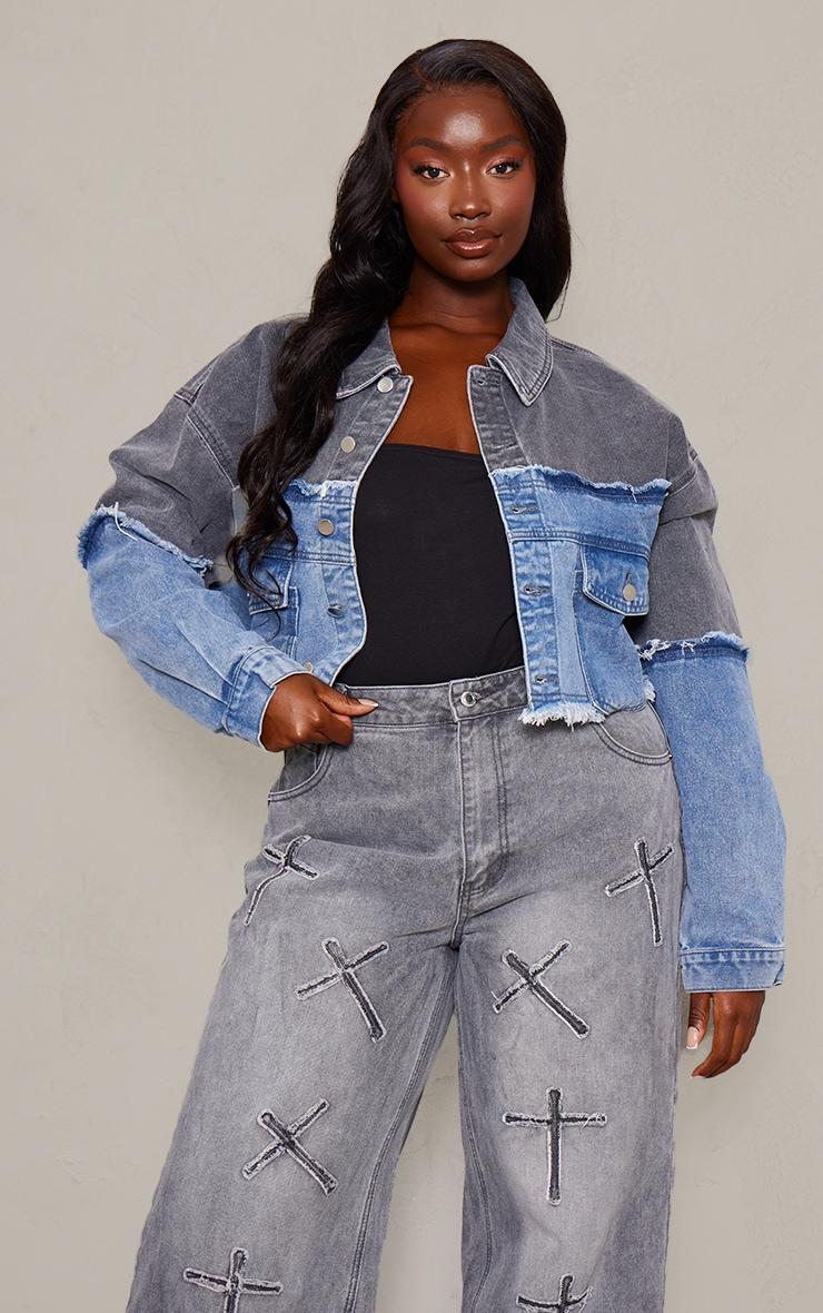 Plus Washed Blue Contrast Panel Crop Denim Jacket product image