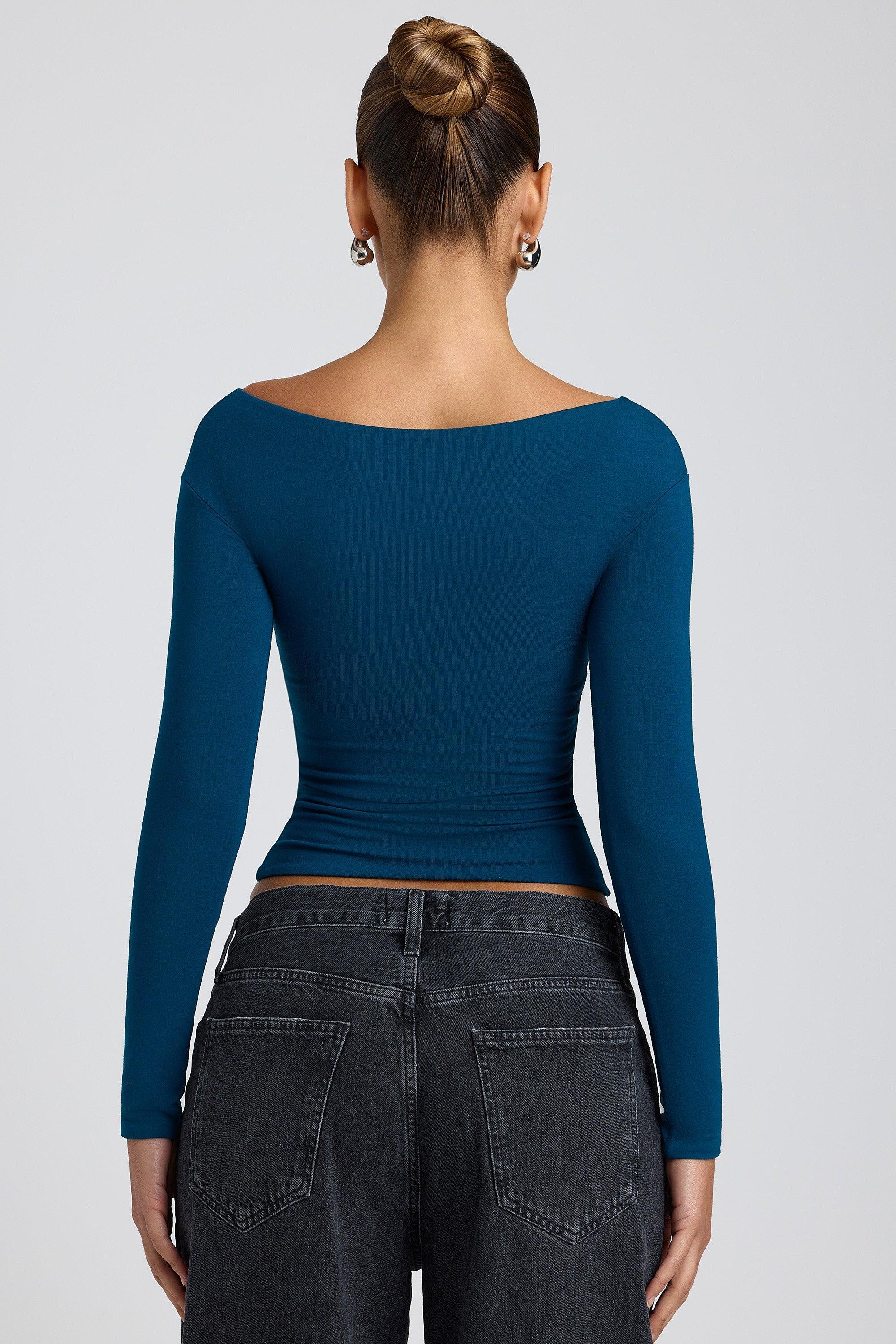 Modal Twist-Front Long-Sleeve Crop Top in Deep Teal Product Image