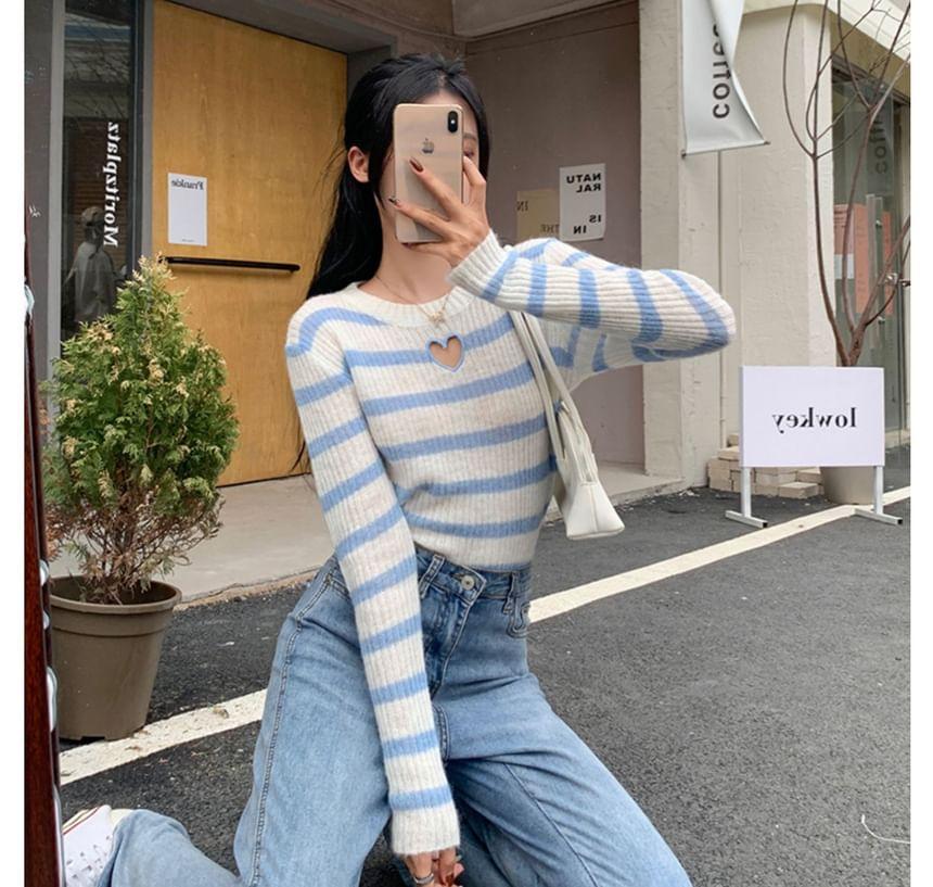 Crew Neck Striped Heart Cutout Sweater Product Image