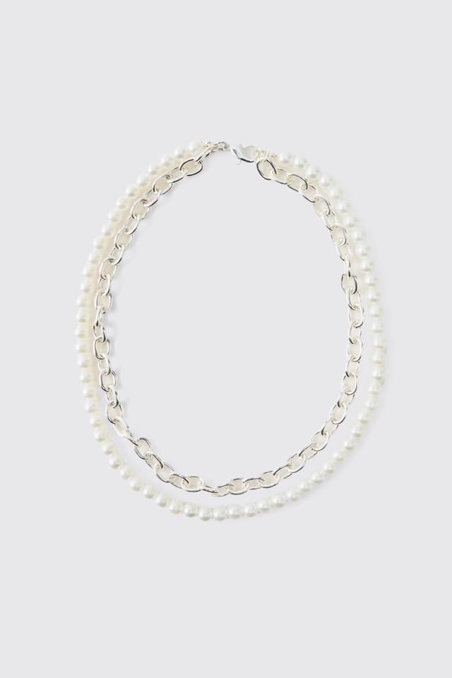 Layered Pearl and Chain Necklace | boohooMAN USA Product Image