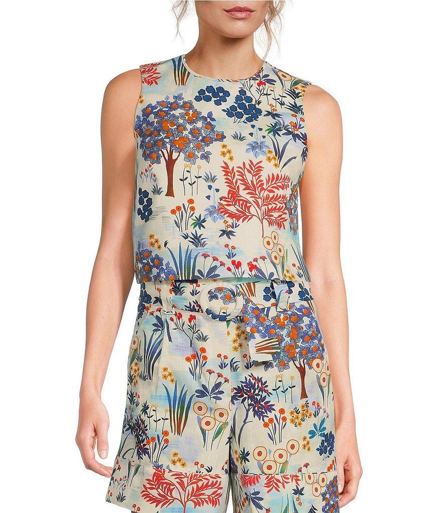 Tara Jarmon Teresa Woven Floral Print Round Neck Sleeveless Scallop Back Coordinating Tank Top Product Image