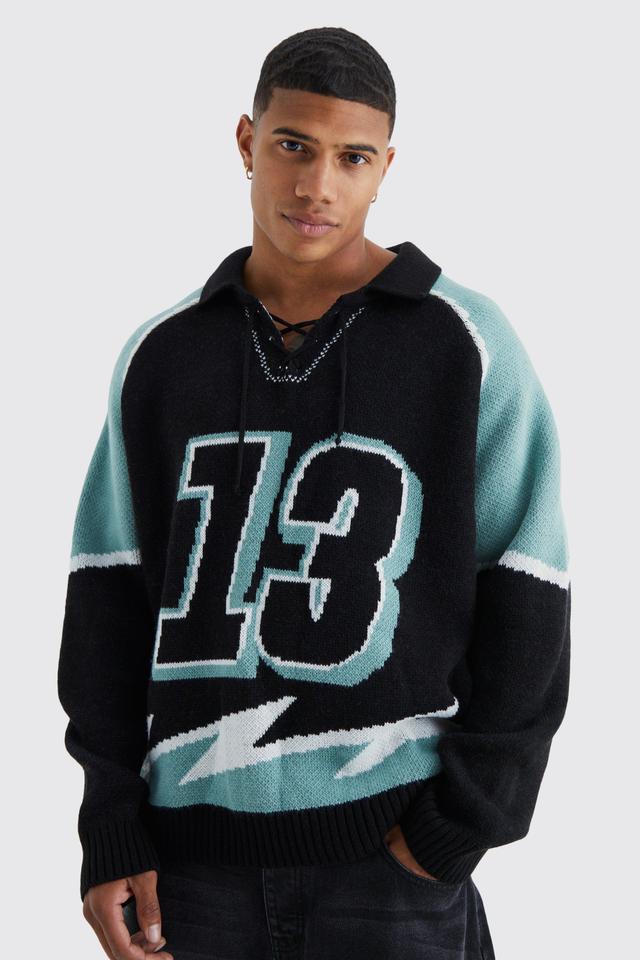 Mens Black Oversized Lace Up Hockey Jumper, Black Product Image