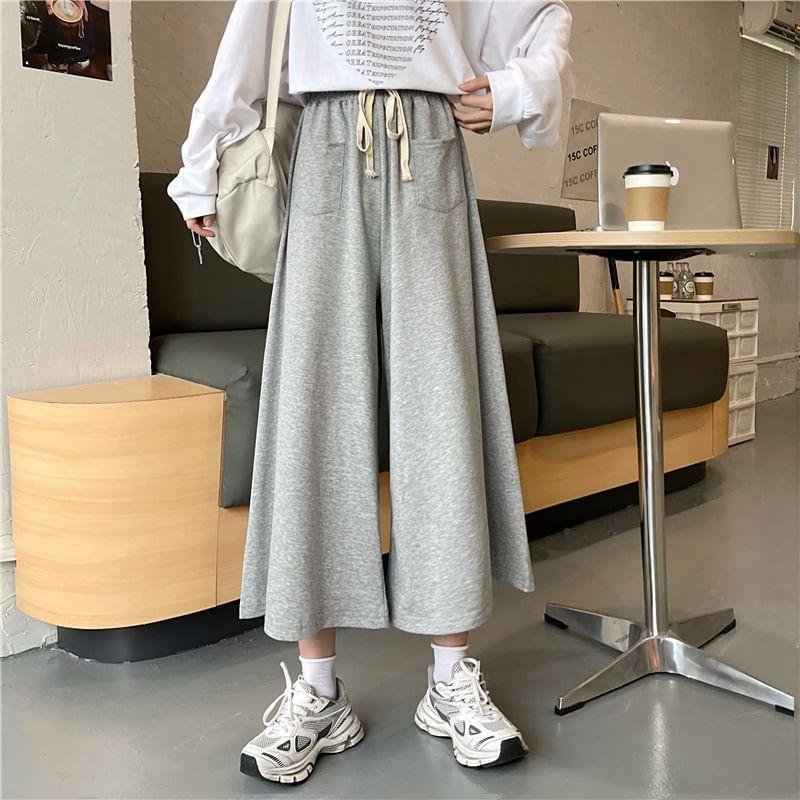 Drawstring Waist Plain Capri Wide Leg Pants Product Image