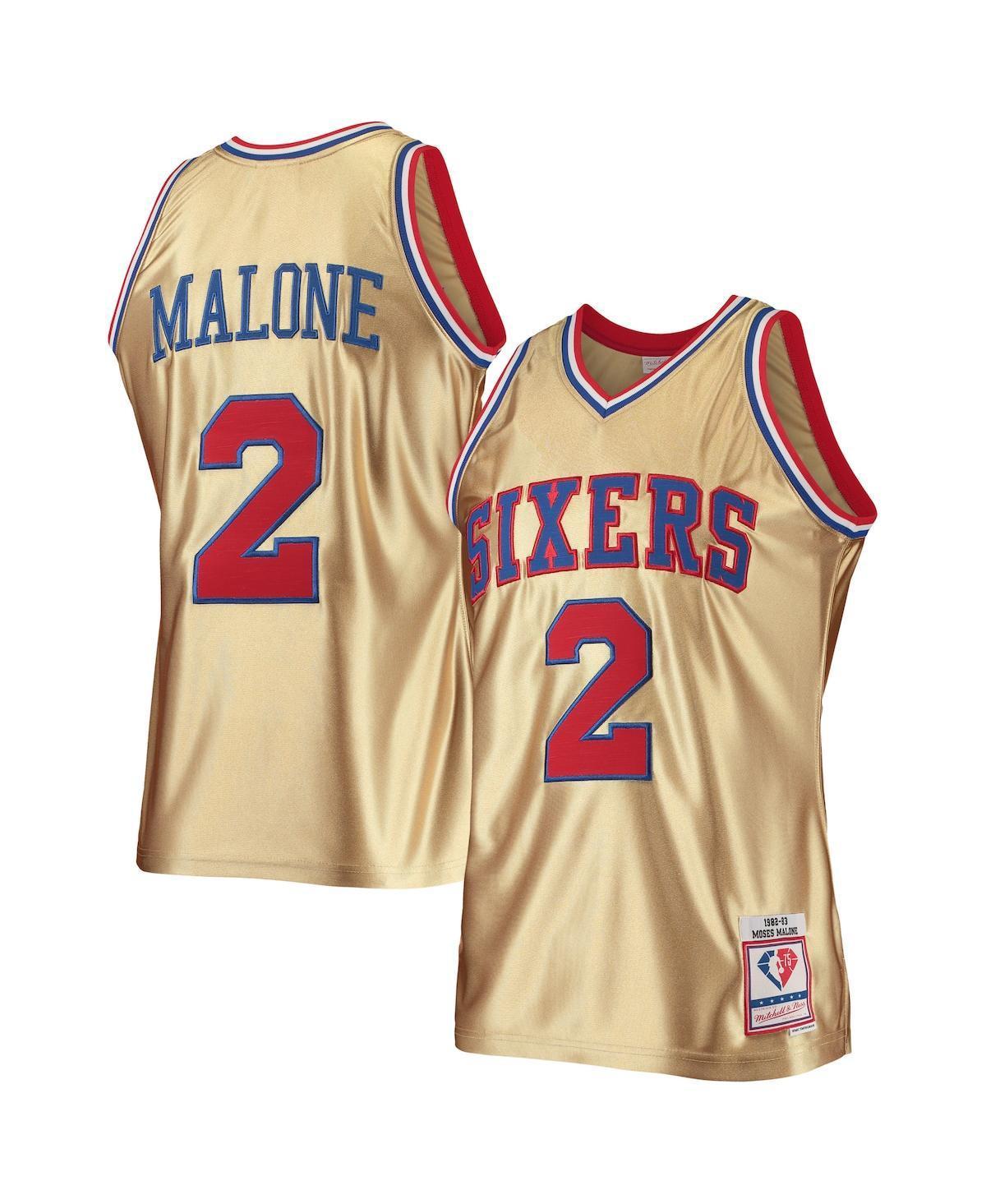 Mens Mitchell & Ness Moses Malone Gold Philadelphia 76ers 75th Anniversary 1982-83 Hardwood Classics Swingman Jersey Product Image