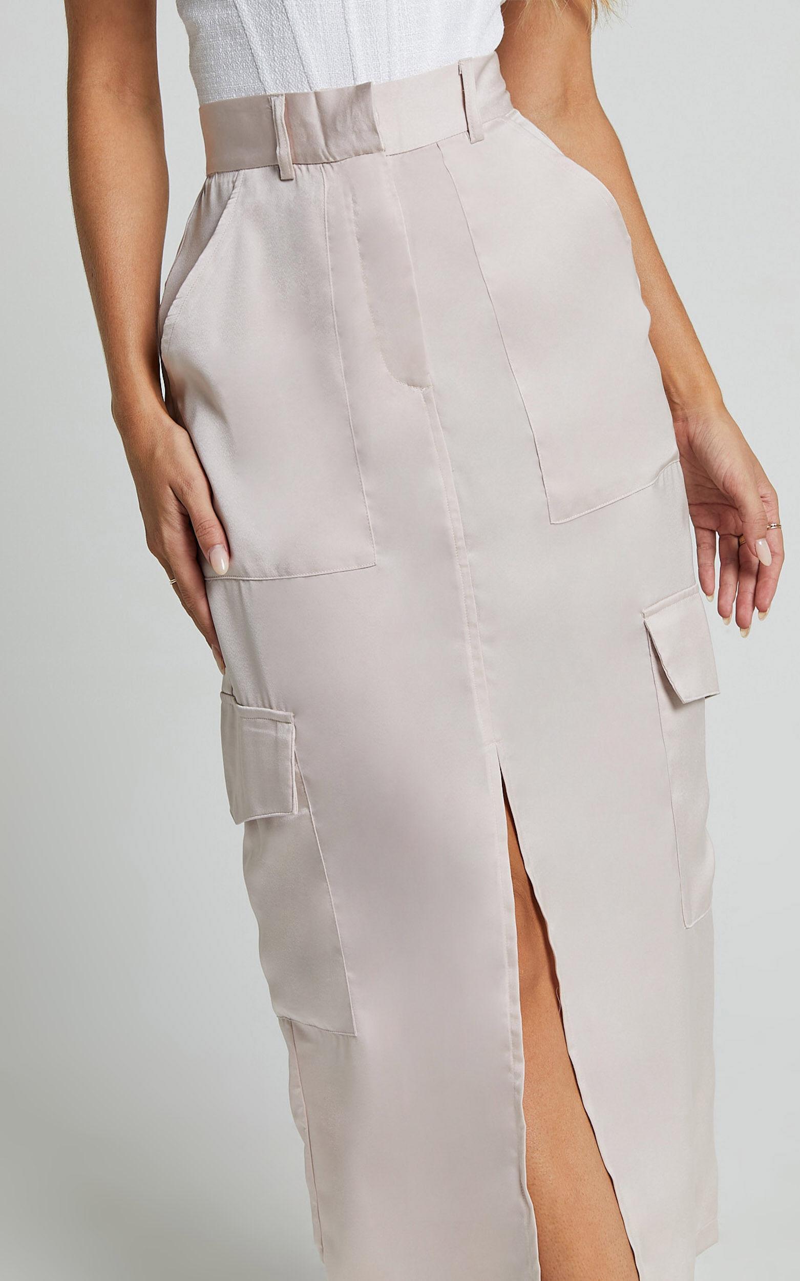 Mariya Midi Skirt - High Waisted Front Split Cargo Skirt in Pearl Product Image