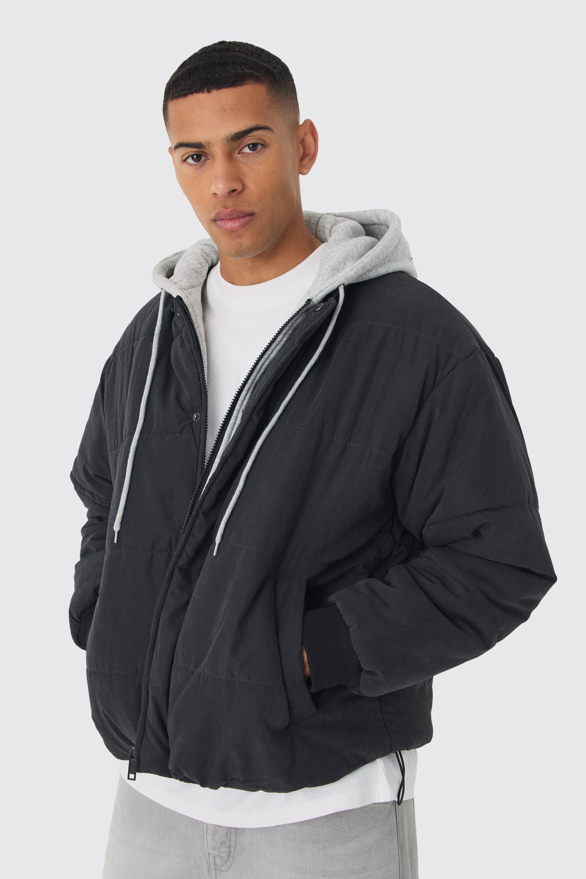 Quilted Hooded Faux Layer Bomber Jacket In Black | boohooMAN USA Product Image