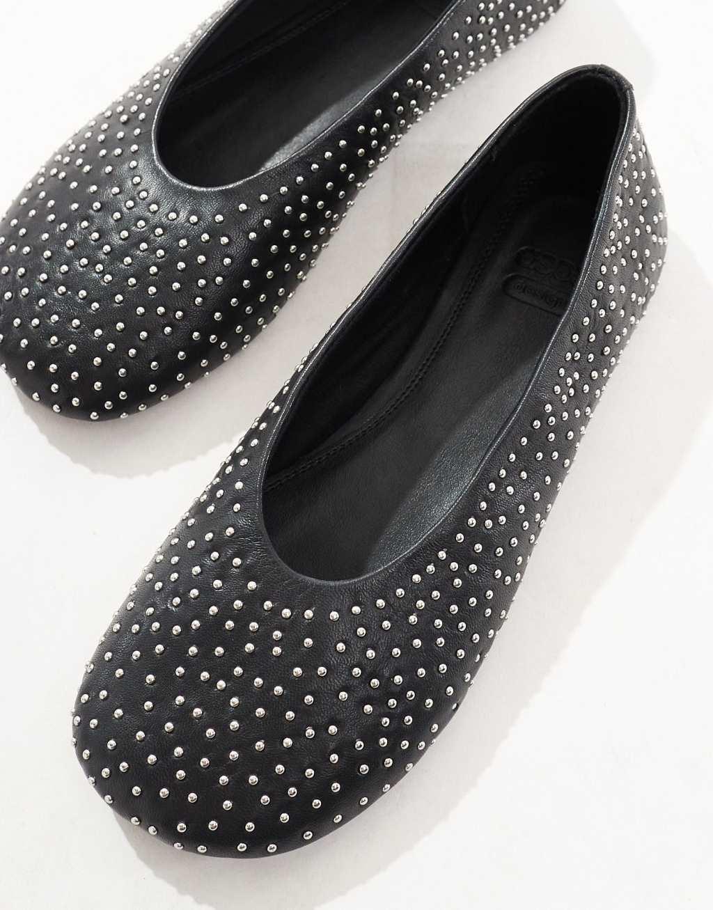 ASOS DESIGN Lustre Premium leather studded ballet flats in black Product Image