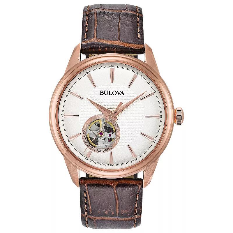 Bulova Mens Rose Gold Tone Stainless Steel Open Aperture Leather Strap Automatic Watch - 97A133 Brown Product Image