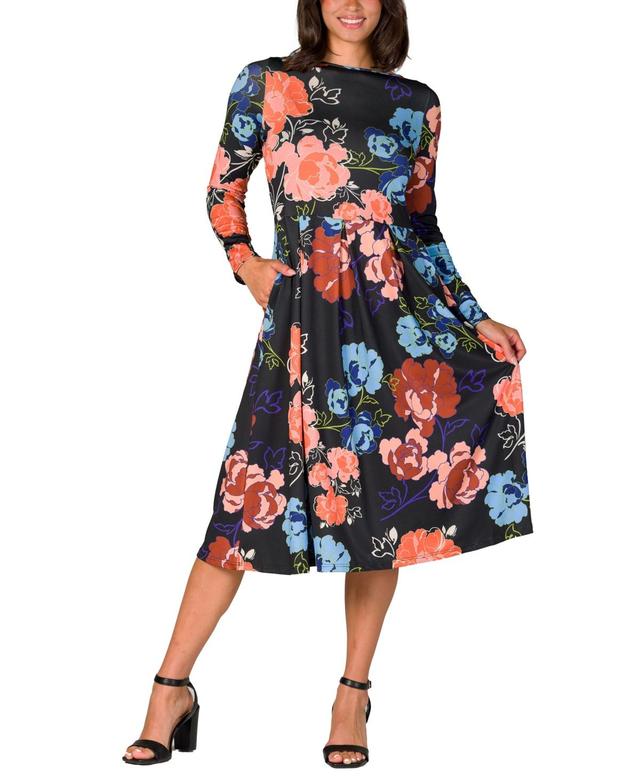 24seven Comfort Apparel Womens Black Floral Midi Length Long Sleeve Pocket Dress Product Image