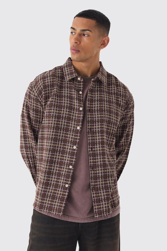 Oversized Long Sleeve Textured Flannel Shirt | boohooMAN USA Product Image