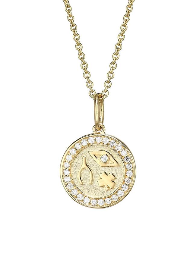 Womens 14K Yellow Gold & Diamond Tiny Luck & Protection Coin Pendant Necklace Product Image