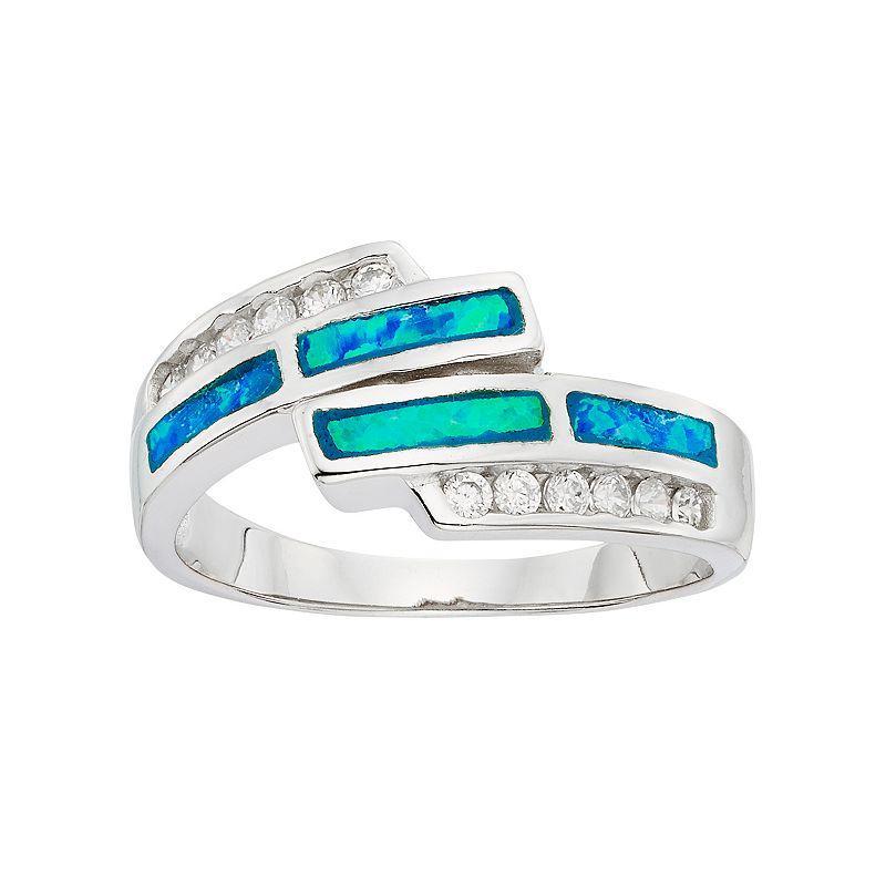 Cubic Zirconia & Lab-Created Blue Opal Sterling Silver Bypass Ring, Womens Product Image