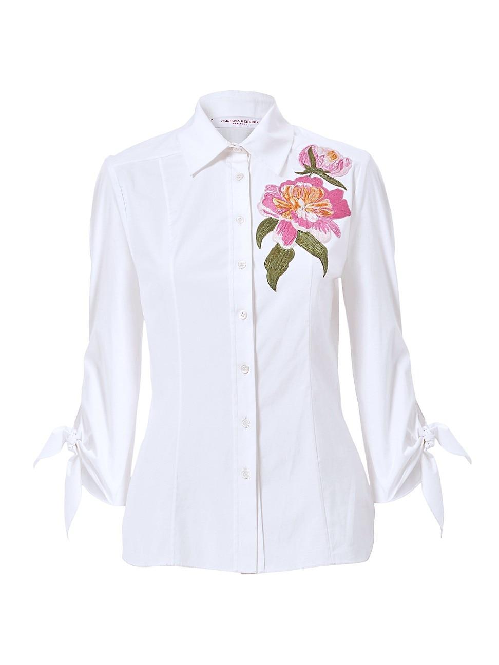 Womens Embroidered Floral Tie-Cuff Cotton Shirt Product Image