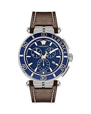 Versace Mens Swiss Chronograph Greca Brown Leather Strap Watch 45mm Product Image